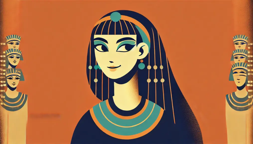 Cleopatra turning back with a playful glance while walking ahead, her admirer instinctively following her