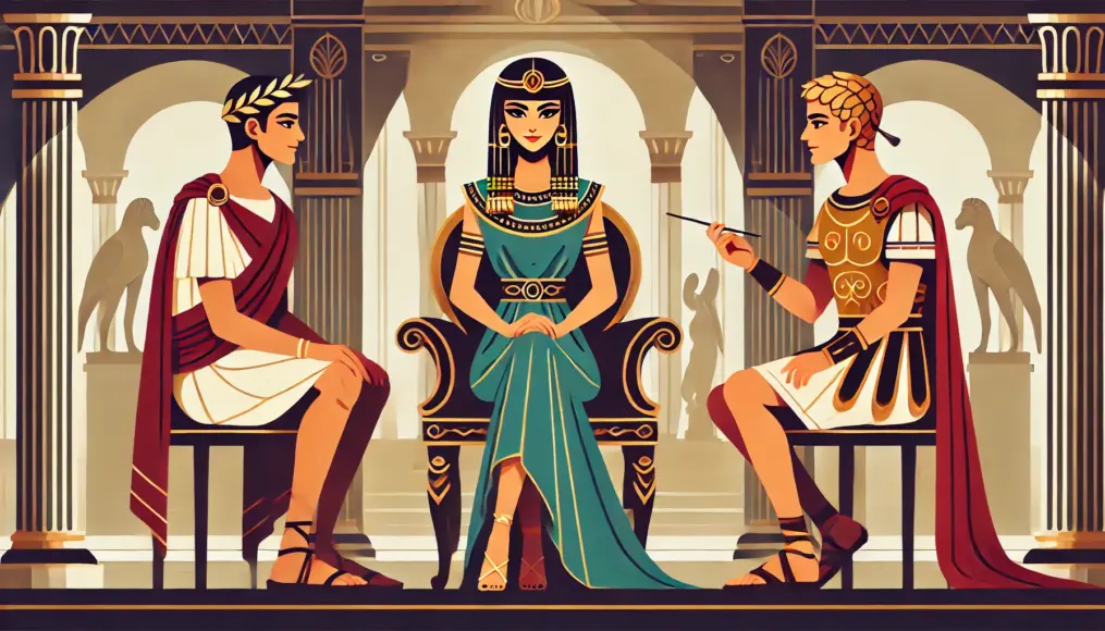 Cleopatra sitting gracefully between Julius Caesar and Mark Antony, engaging in an elegant conversation