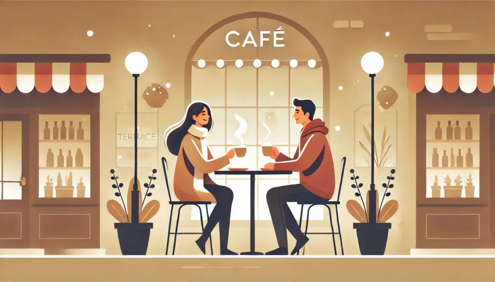 A couple chatting happily at a café terrace, turning an ordinary moment into something special