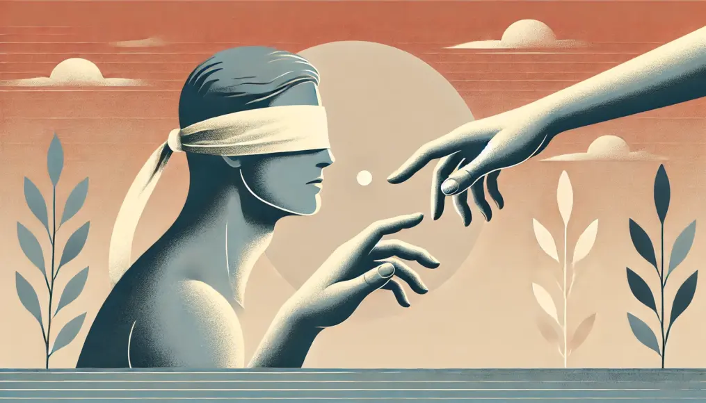 A blindfolded person gently reaching out, feeling their partner’s hand while experiencing a mix of curiosity and excitement. The composition emphasizes the feeling of unfamiliarity and heightened awareness.