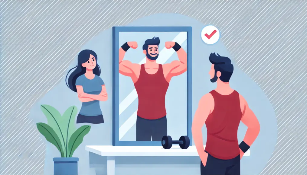 A man looking confidently at his reflection in a mirror while a woman admires him from the side, symbolizing increased self-esteem through strength training.