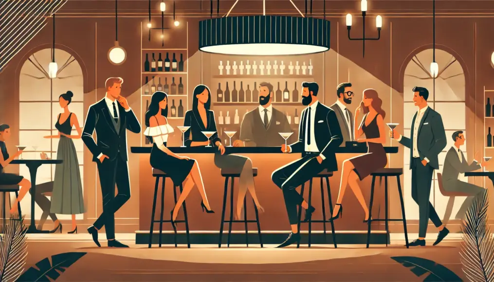 A confident group of men and women conversing at an elegant bar, exuding a relaxed and charismatic presence that captivates those around them