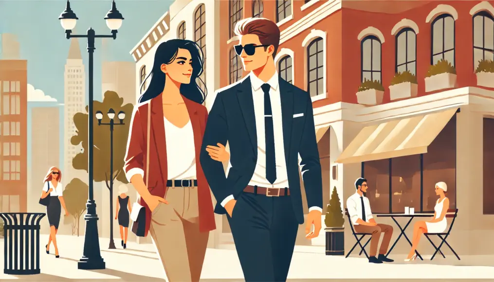 A confident couple walking together in the city