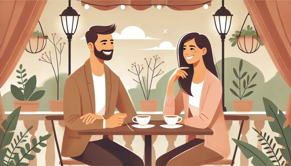 A confident couple enjoying a conversation over coffee at a terrace café, smiling naturally as they relax and deepen their bond.