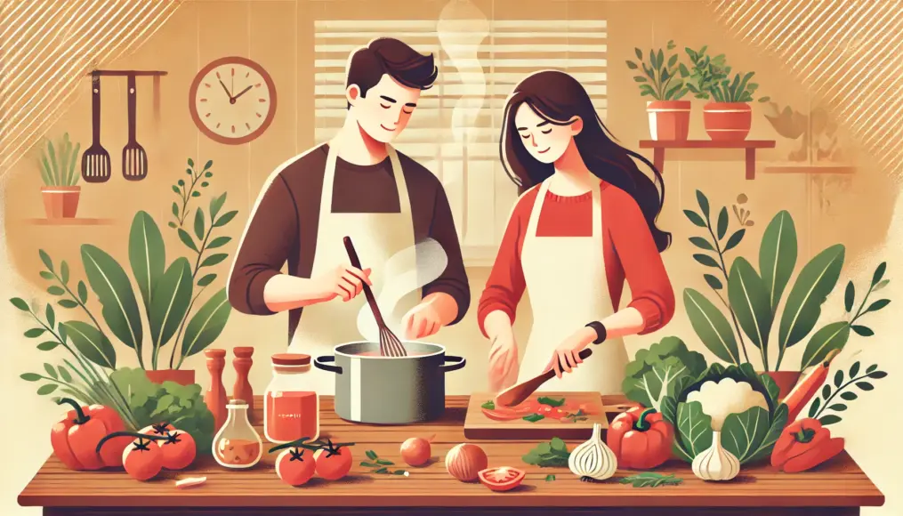 A couple having fun cooking together in the kitchen