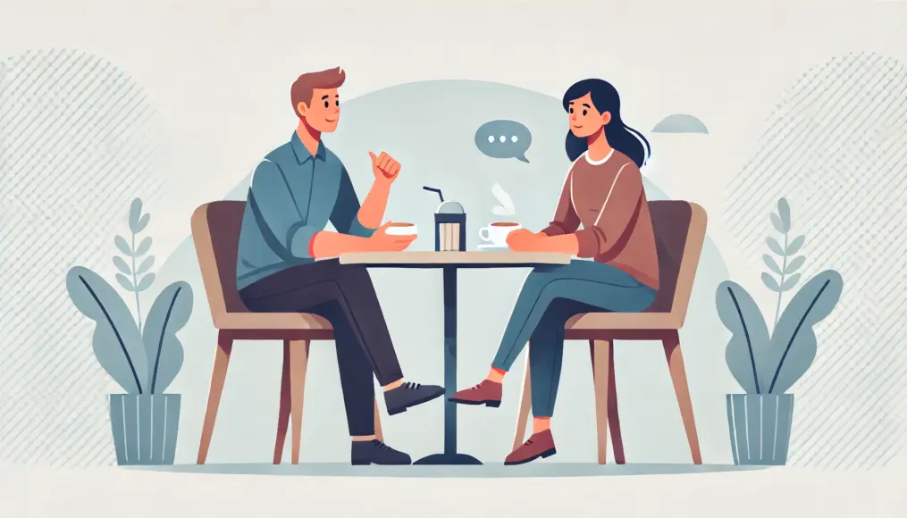 A couple sitting in a café, engaging in a relaxed and friendly discussion. They are exchanging their opinions calmly and with mutual respect.