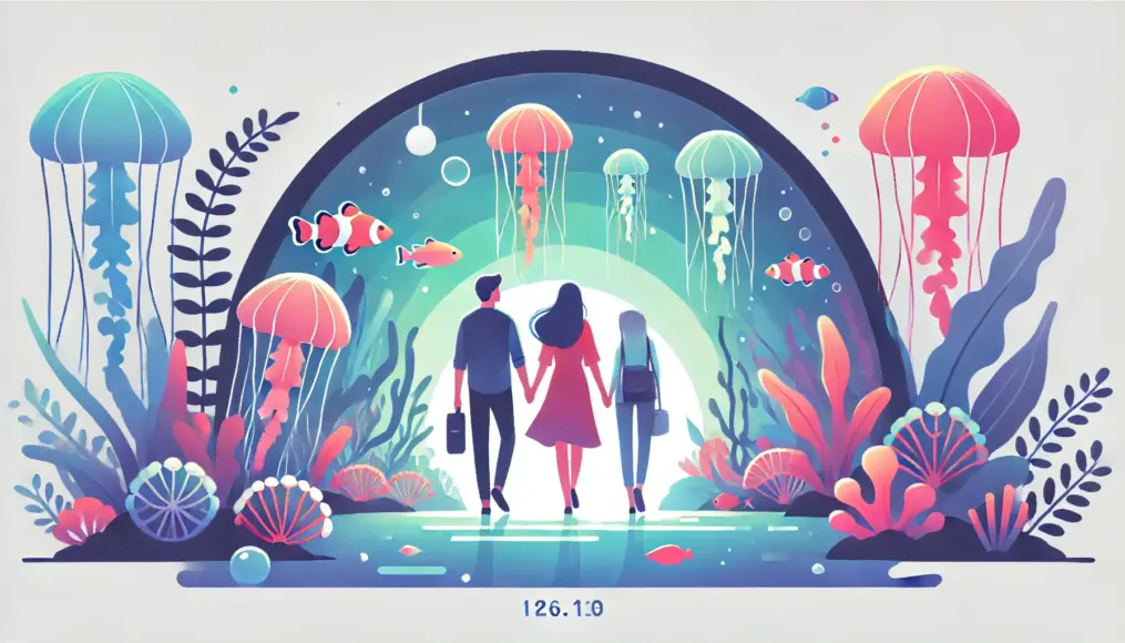 A couple walking through an aquarium tunnel, surrounded by vibrant marine life, enjoying a magical underwater world