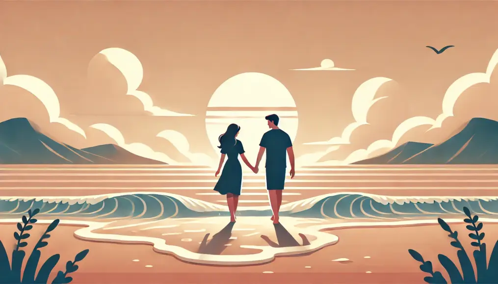 A couple enjoying a beach date. They hold hands and chat with smiles as the sun sets