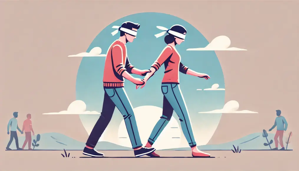 A blindfolded person being guided by their partner, walking closely and comfortably