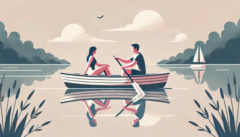 A couple paddling a small boat on a peaceful lake. The serene setting allows them to connect deeply and have meaningful conversations