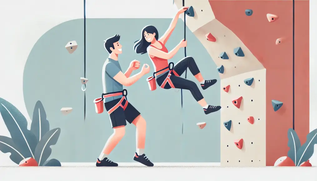 A couple tackling an indoor rock climbing wall, encouraging each other as they reach new heights