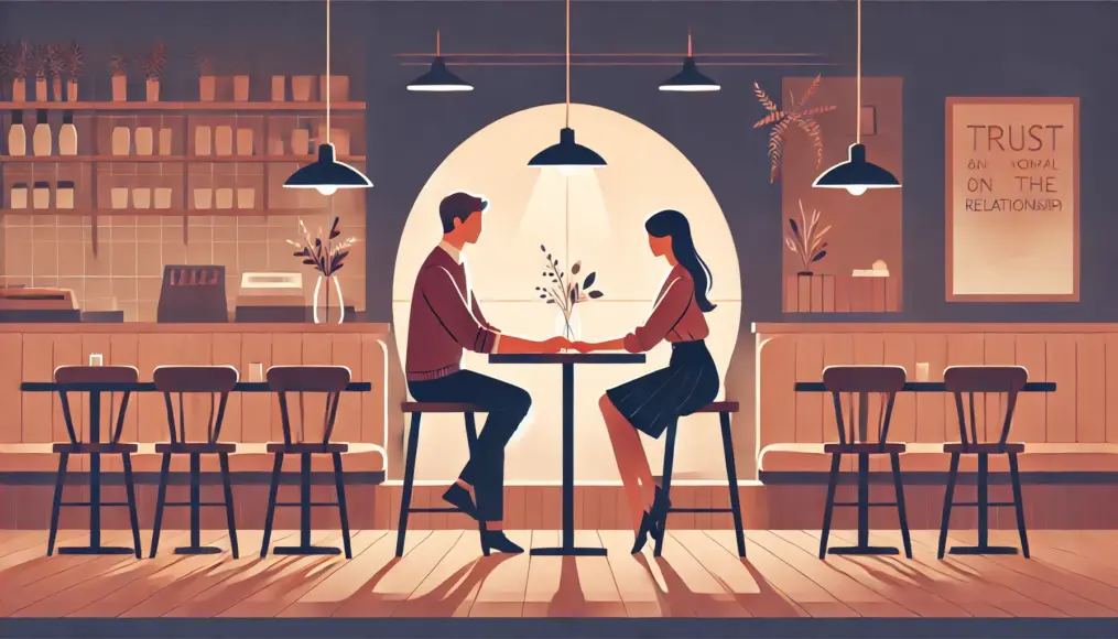 A couple holding hands in a quiet café, symbolizing trust and emotional security in their relationship.