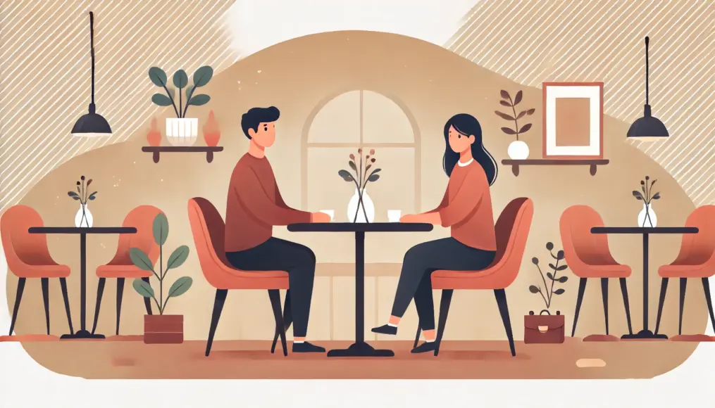 A couple sitting across from each other in a cozy café. They maintain a comfortable distance while enjoying a pleasant conversation in a relaxed setting