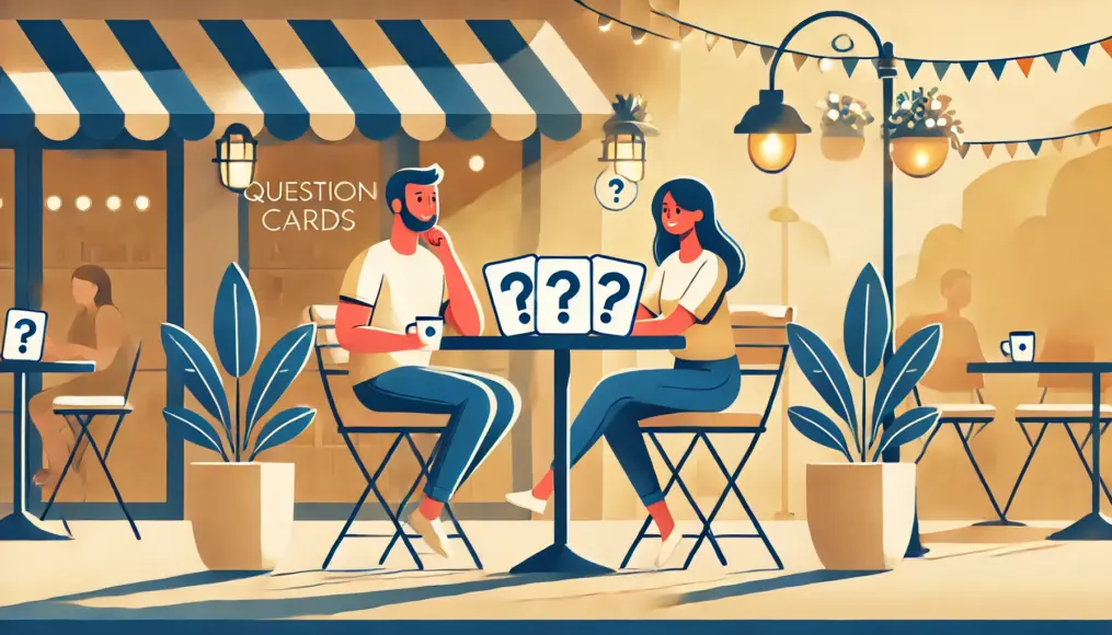 A couple relaxing at a café terrace, chatting happily with question cards on the table, enjoying a fun conversation.