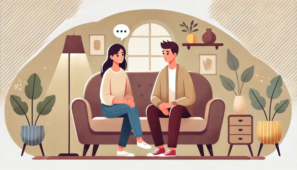 A couple sitting on a sofa, calmly discussing their feelings. The woman is speaking gently, and the man is attentively listening, creating an atmosphere of mutual understanding.