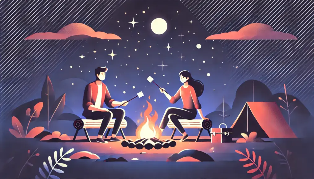 A couple enjoying a cozy night around a campfire. Under the starry sky, they relax, chat, and share stories, deepening their bond