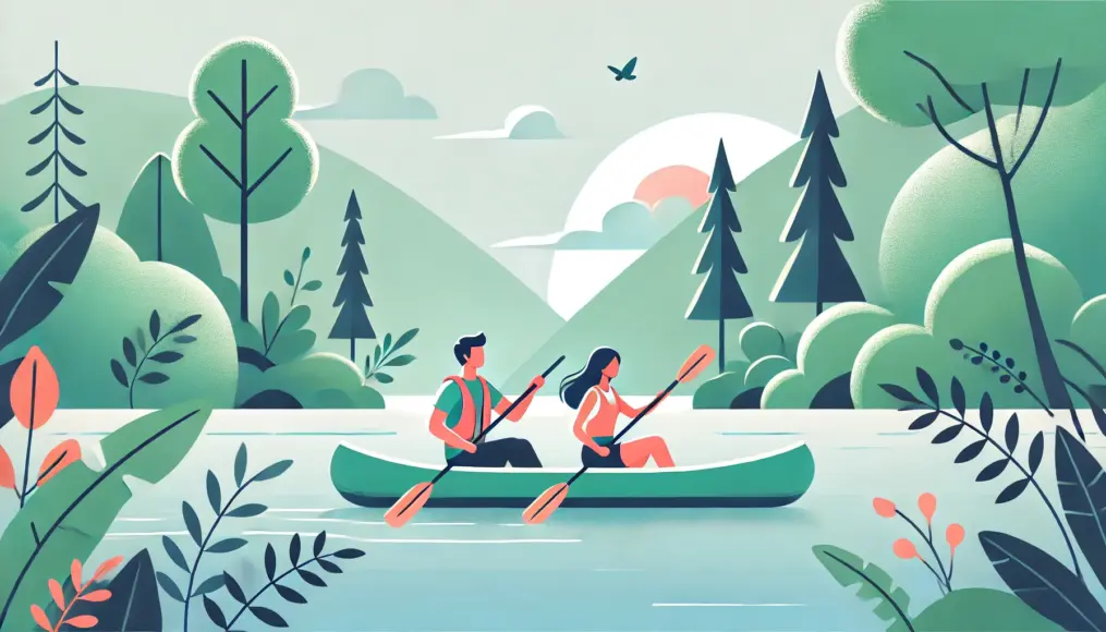 A couple paddling a canoe on a scenic river, moving in sync while enjoying the natural surroundings