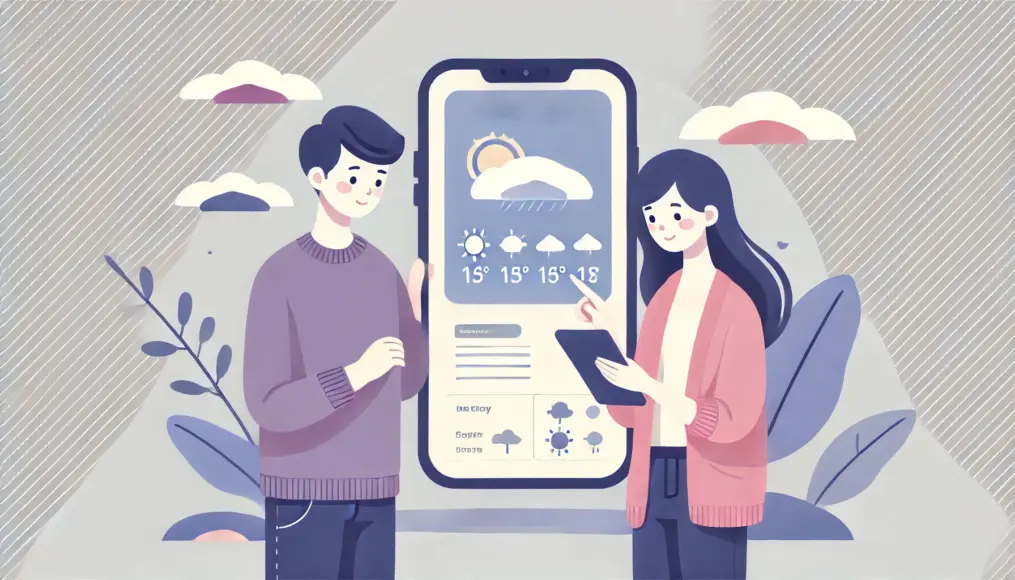 A couple checking the weather forecast on a smartphone while carefully planning their date