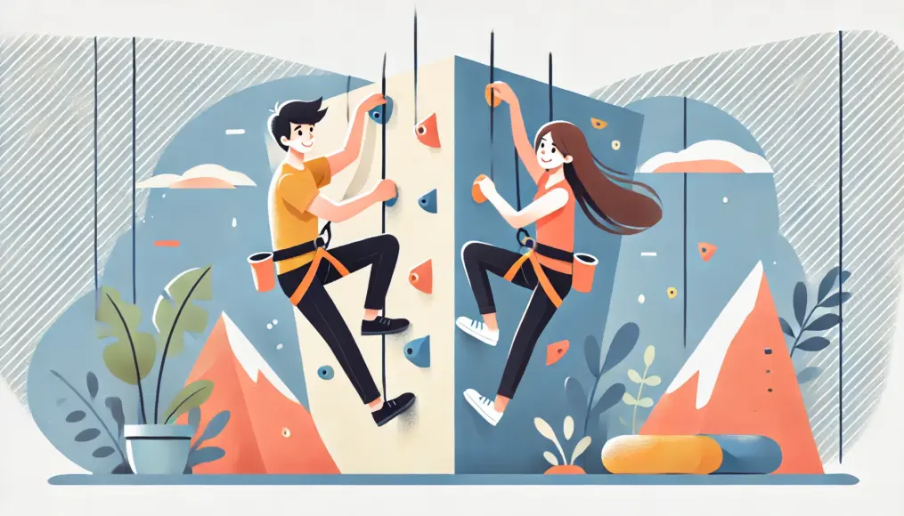 A couple trying indoor rock climbing together, encouraging each other as they climb. The activity showcases new strengths and builds mutual admiration