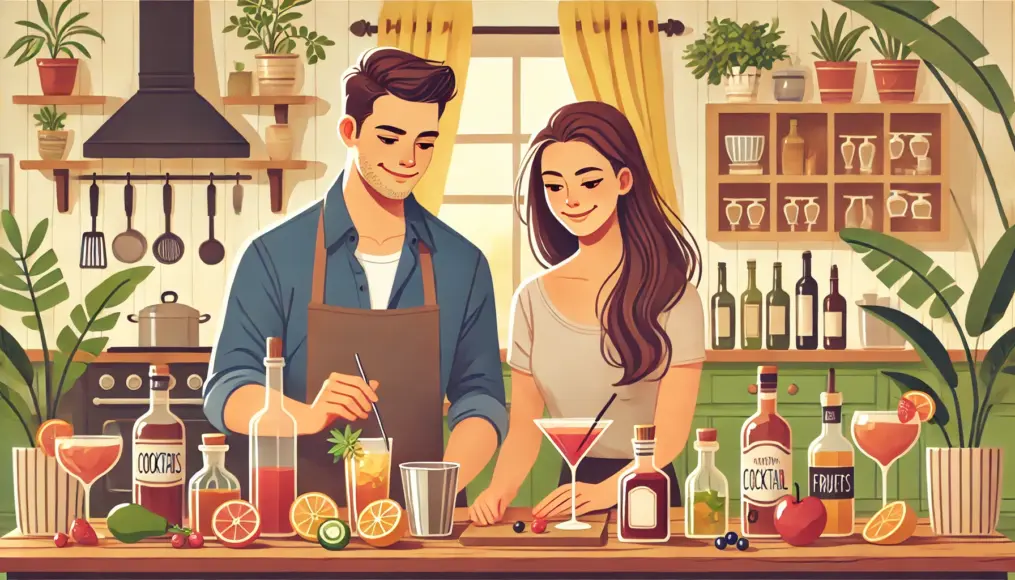 A couple making cocktails together, with a variety of liquors and fruits on the table