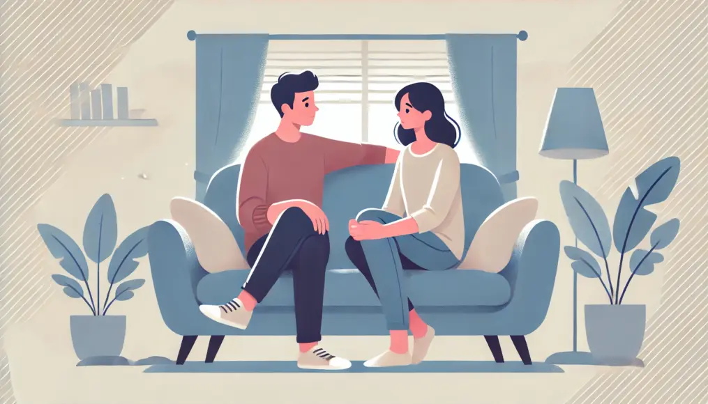 A couple having a close conversation. They sit on a sofa, smiling at each other while maintaining eye contact