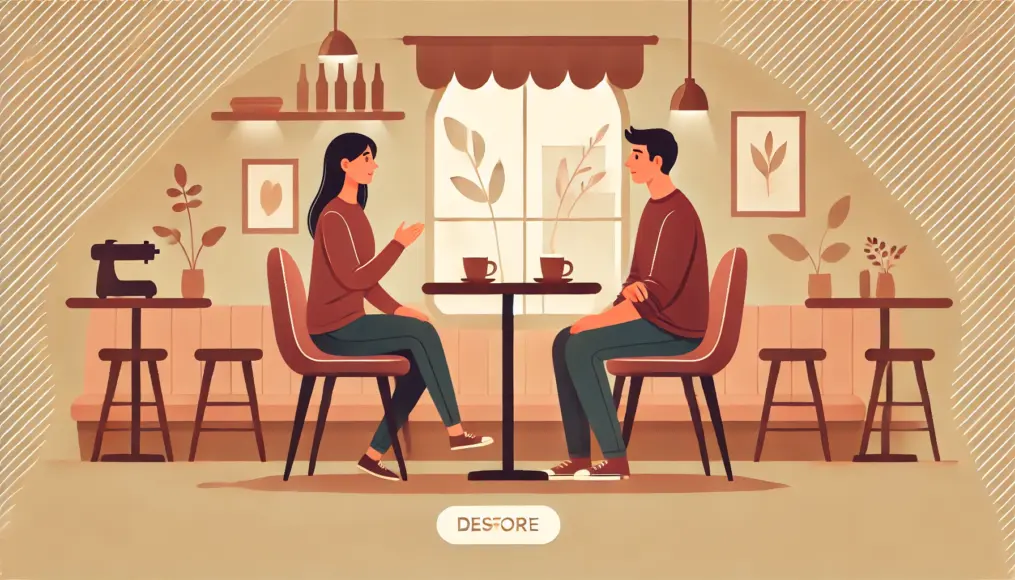 A couple sitting across from each other in a café, engaged in a calm discussion. The woman speaks gently, and the man listens attentively, fostering understanding.