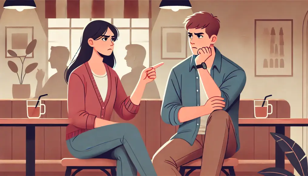 A couple discussing in a café. The woman is pointing out past incidents, while the man looks frustrated. There is a noticeable difference in their perspectives.