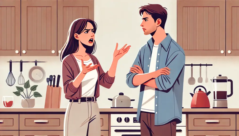 A woman speaking emotionally in the kitchen while the man looks confused and concerned. The couple appears to be misunderstanding each other.