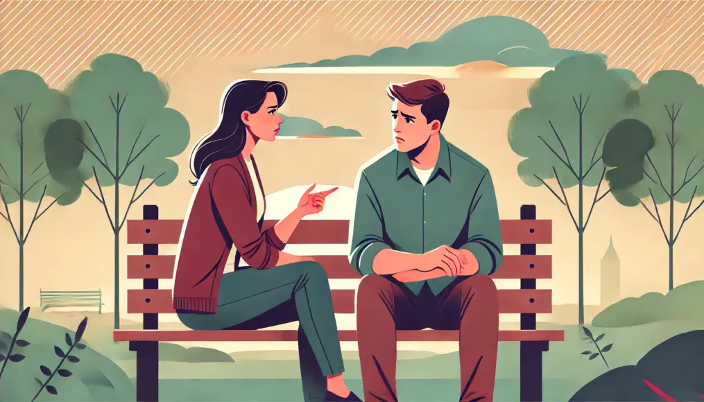 A couple sitting on a park bench. The woman looks stern as she questions the man, who appears troubled and unsure.