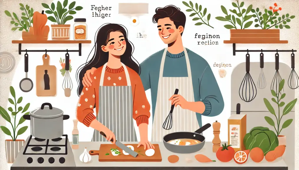 A couple happily cooking together in the kitchen, enjoying their time and strengthening their bond