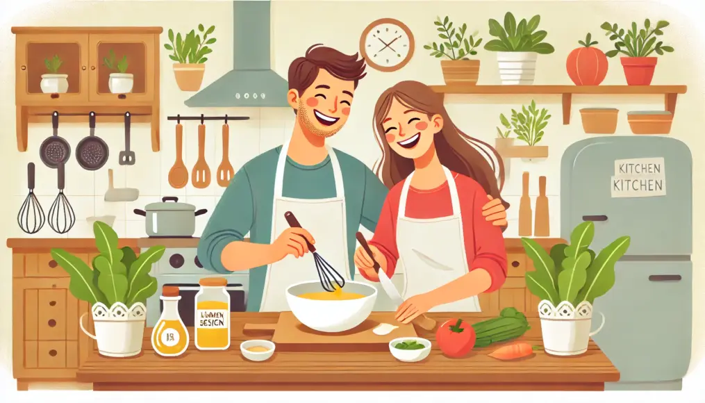 A couple happily cooking together, laughing as they try out a new recipe