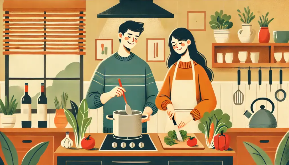 A couple cooking together in the kitchen