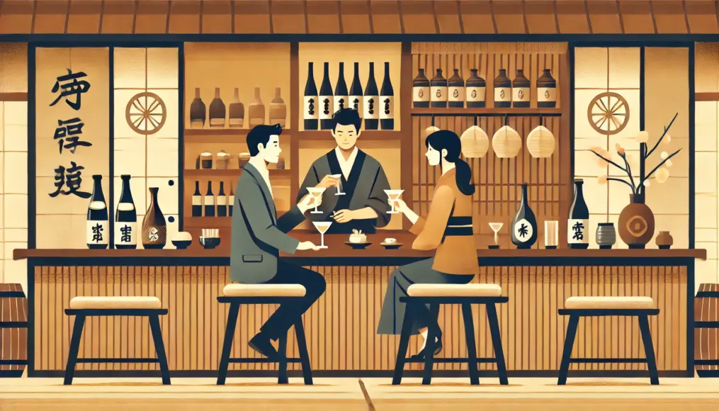 A couple sitting at a Japanese bar counter, enjoying drinks together