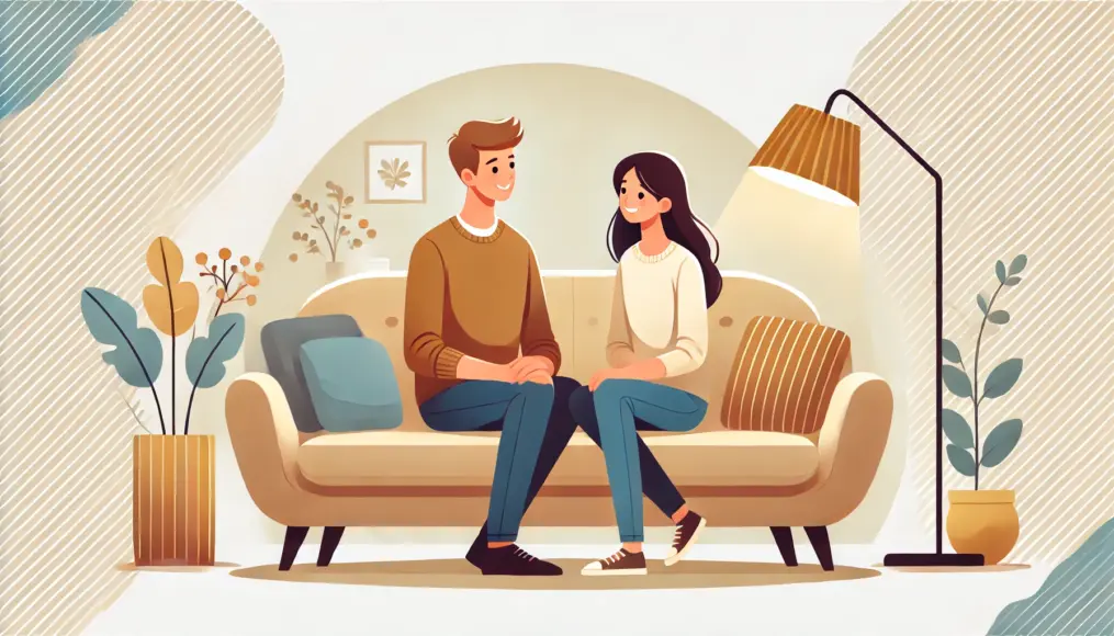 A couple sitting on the sofa in the living room, smiling at each other