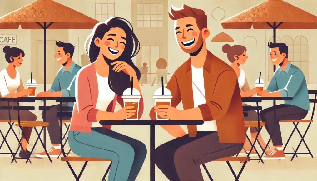 A couple laughing together at a café terrace, both looking relaxed while enjoying their drinks and conversation