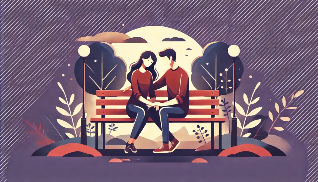 A couple sitting together on a park bench, sharing a peaceful moment and strengthening their emotional connection.