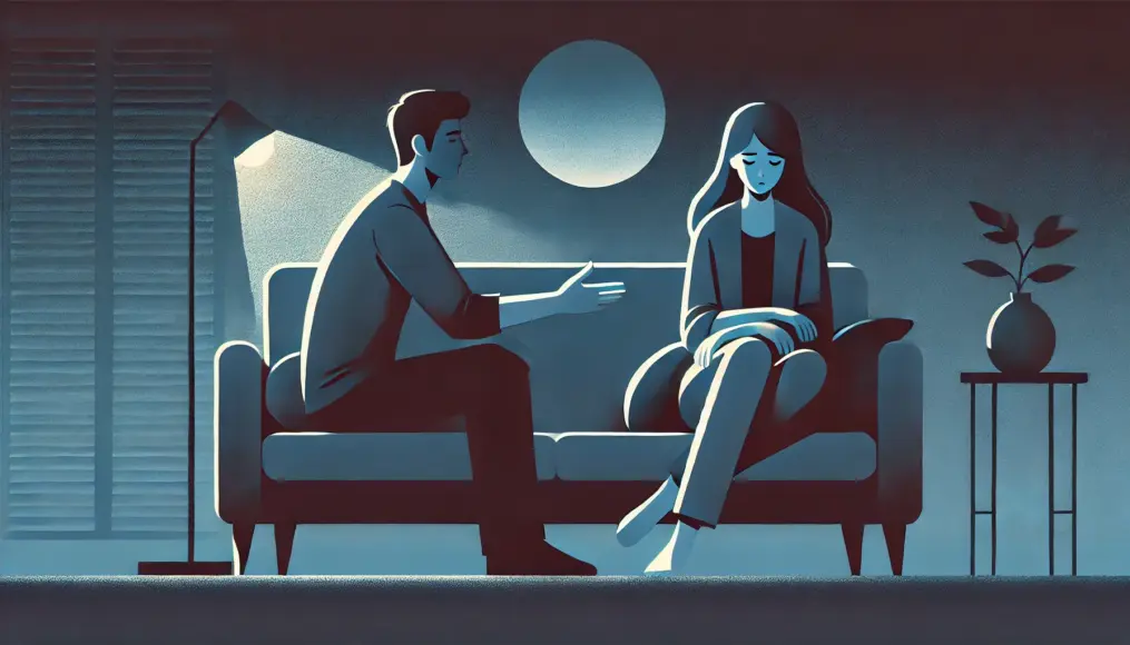 A couple sitting apart on a sofa at night, with one looking anxious while the other tries to comfort them