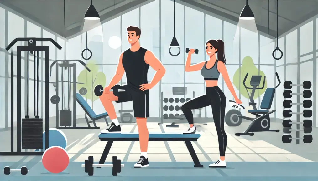 A man and woman exercising together at the gym