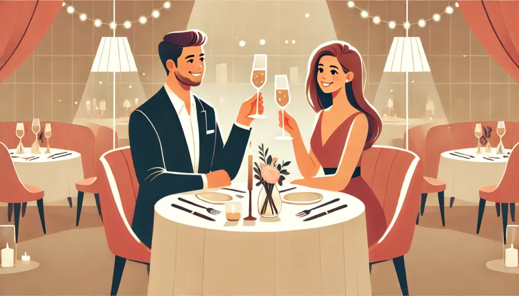 A couple enjoying a fancy dinner at a high-end restaurant, clinking glasses and sharing warm smiles in an elegant setting