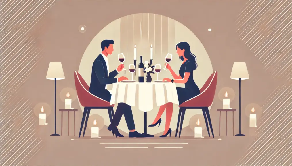 A couple in an elegant restaurant, clinking wine glasses by candlelight, enjoying a luxurious and intimate evening