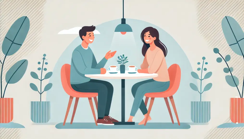 A couple enjoying a relaxed conversation at a café, smiling naturally while looking at each other