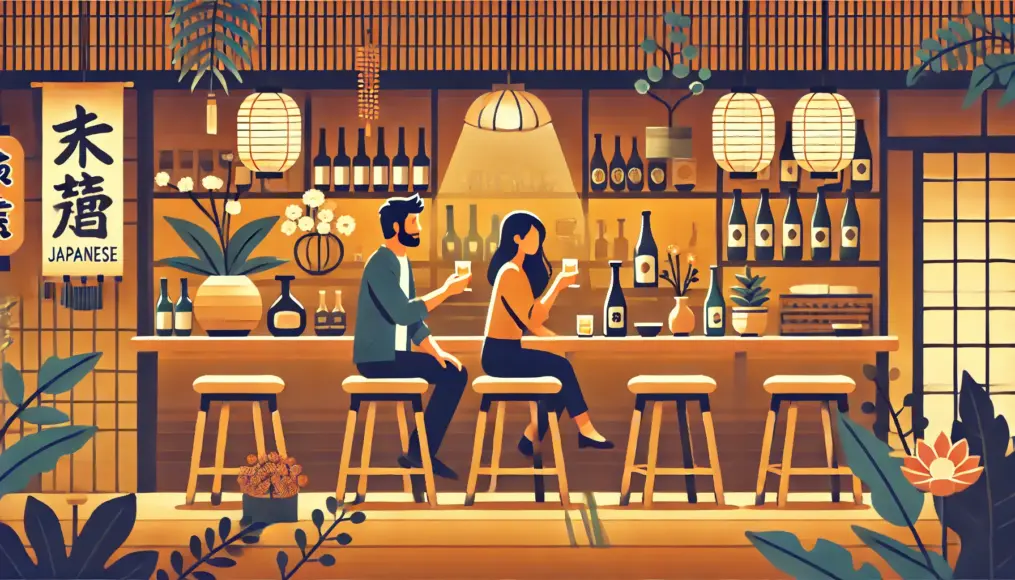 A cozy hidden Japanese bar where a couple enjoys sake and shochu