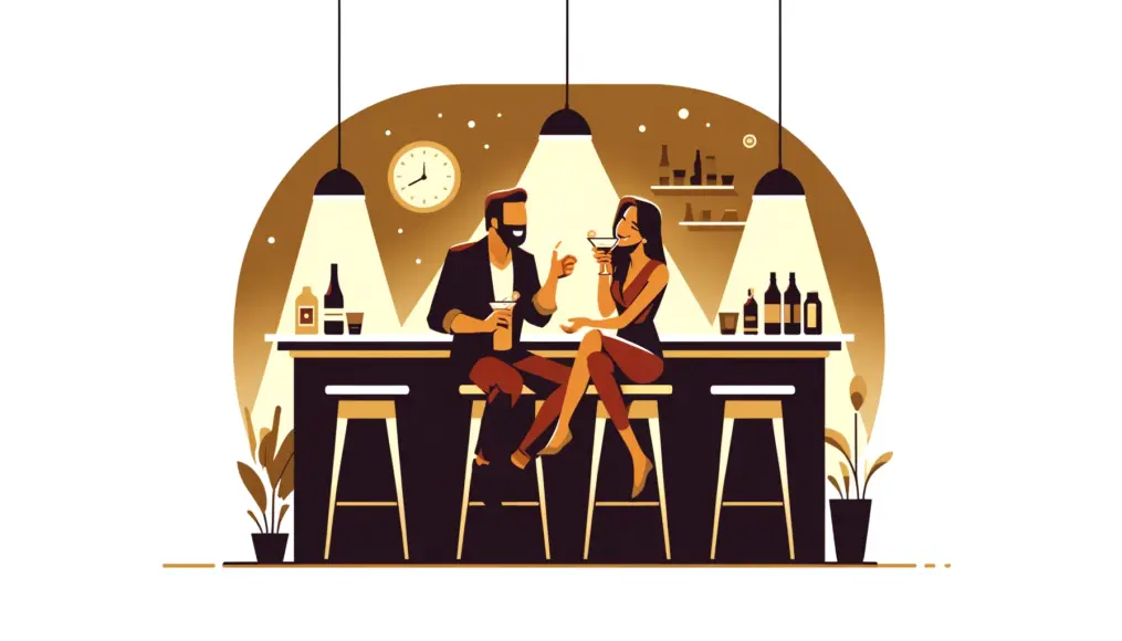 A couple enjoying drinks together at their home bar, sharing laughter and conversation. The background features warm ambient lighting, enhancing the intimate atmosphere.