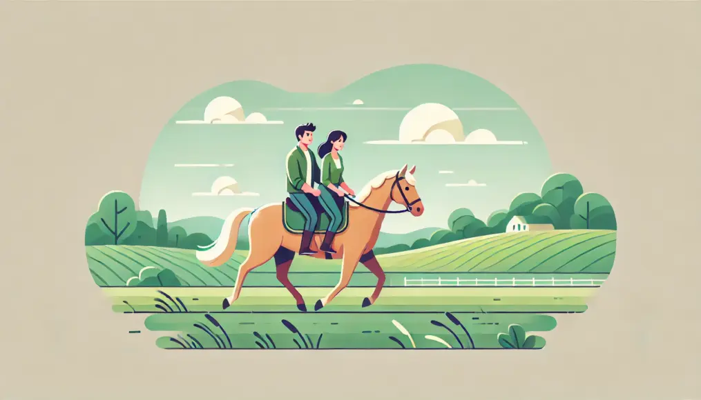 A couple horseback riding through an open field, looking relaxed and connected with nature