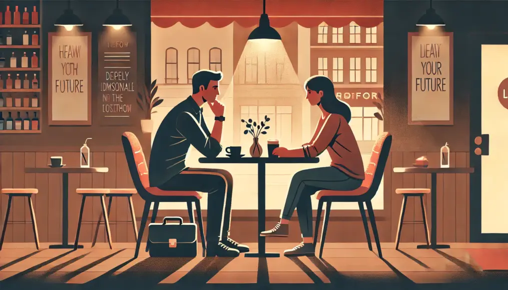 A couple sitting in a quiet café, deeply contemplating their future together.