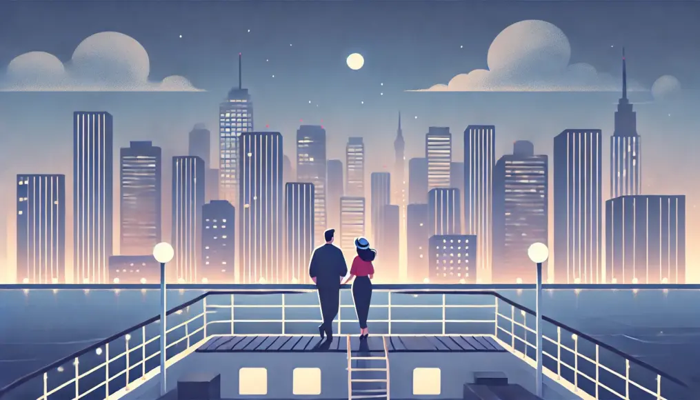 A couple standing on the deck of a night cruise, enjoying the romantic city lights while relaxing together