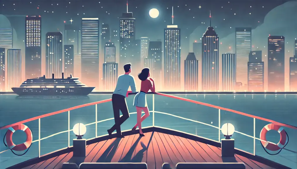 A couple standing on the deck of a night cruise ship, enjoying the view of a beautifully lit cityscape