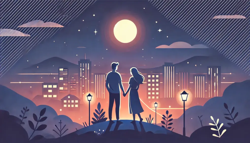 A couple enjoying a romantic date on a hill overlooking the city lights. They hold hands while gazing at the beautiful night view, sharing a quiet and special moment together