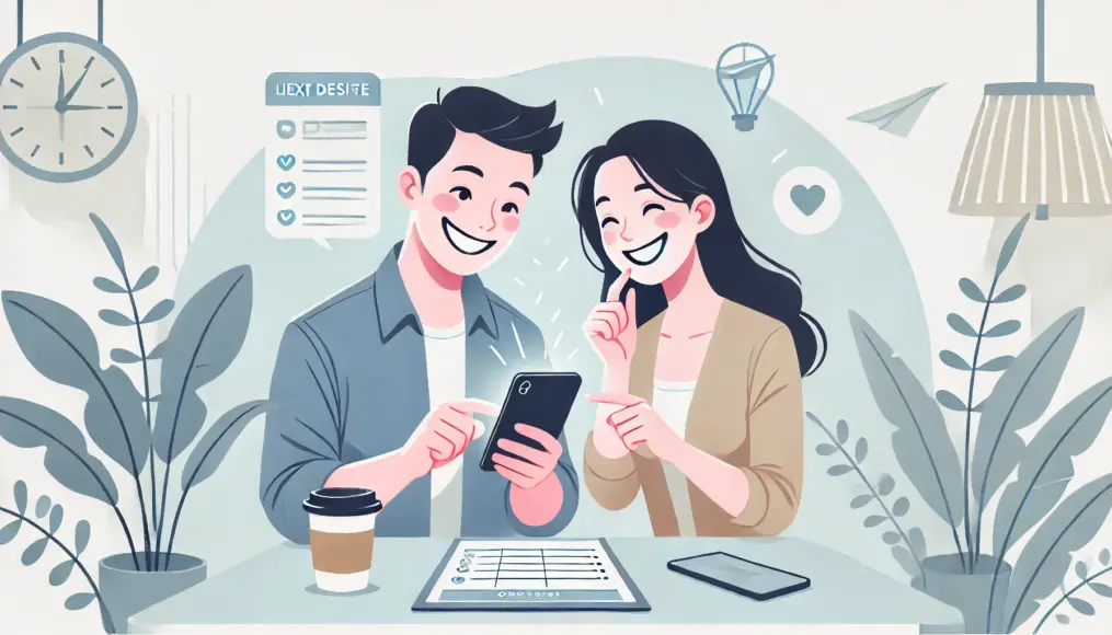 A couple excitedly planning their next date while looking at a smartphone, discussing their ideas with smiles