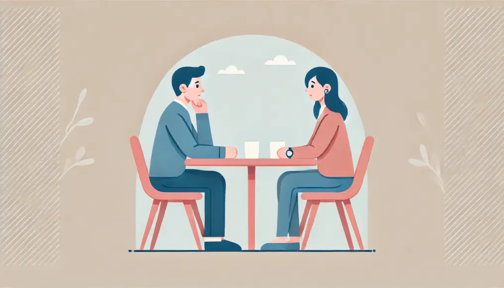 A couple sitting across from each other at a table, listening attentively and discussing in a calm manner.